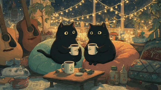 Cozy Evening Two Black Cats Mugs Lights
