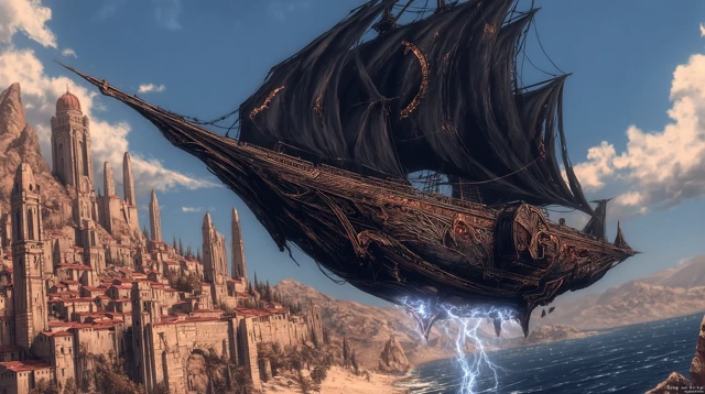 Fantasy Airship Soaring Over a Coastal City