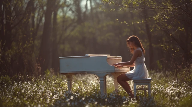 Woman Playing Piano in Spring Forest Morning Sunlight