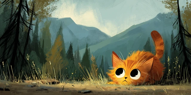 Sad Ginger Kitten in Forest Illustration