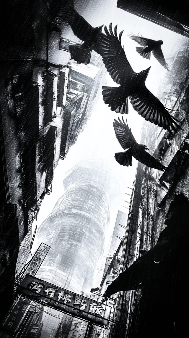 Ravens Over High-Rise: Dark Cityscape