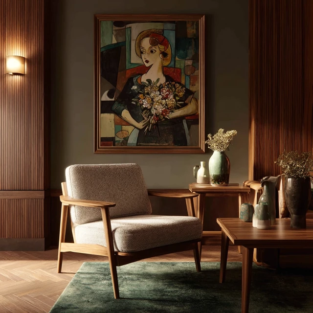 Mid Century Modern Living Room with Art and Warm Lighting