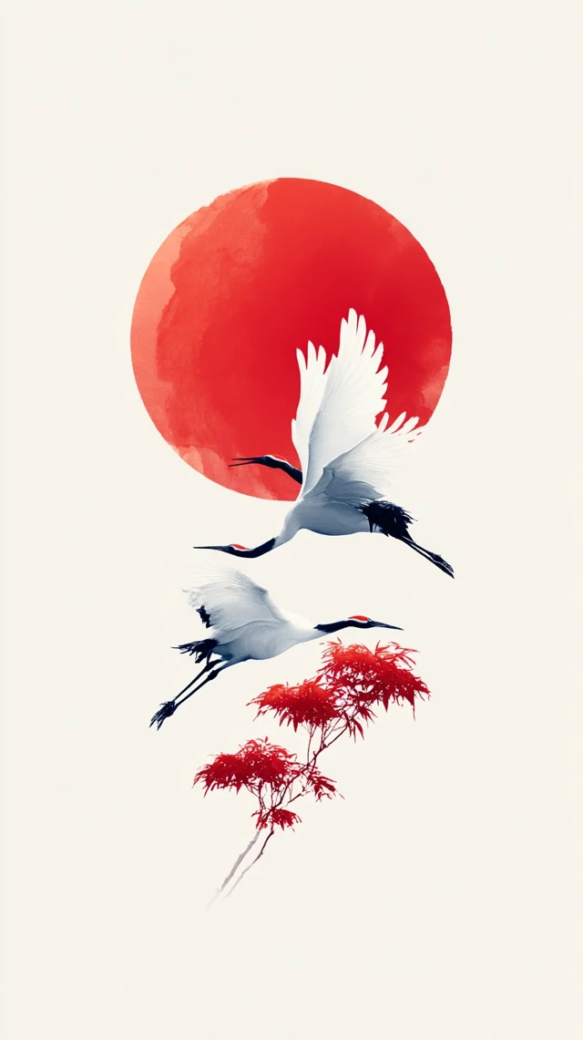 Japanese Crane Painting: Red Sun and White Cranes