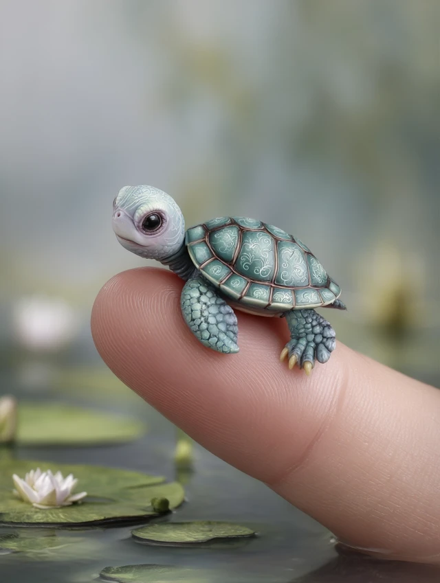 Miniature Baby Turtle Resting on Fingertip