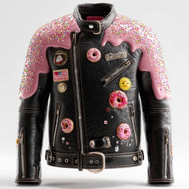 Black Leather Jacket with Doughnut Icing and Sprinkles