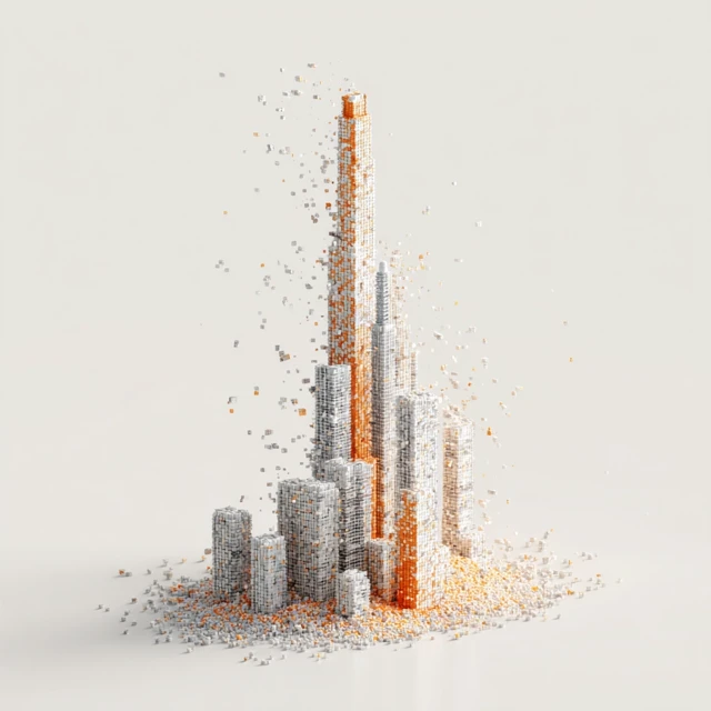 3D Render Skyscraper Isometric View Soft Sand Particles
