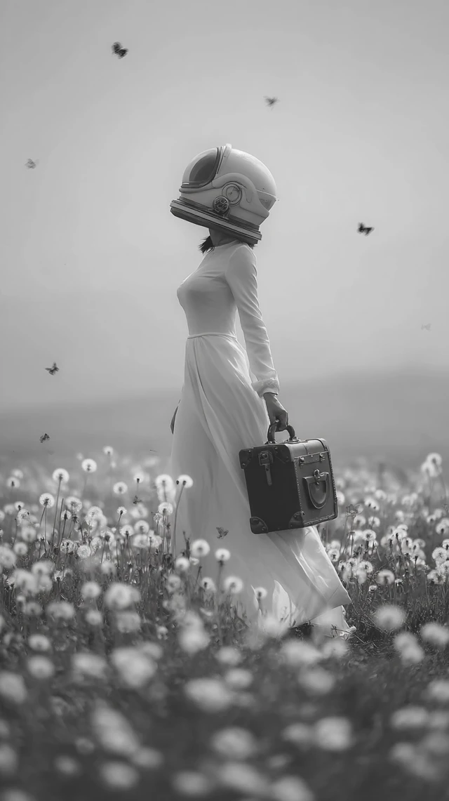 Astronaut in Field of Flowers Surreal Black and White Photo