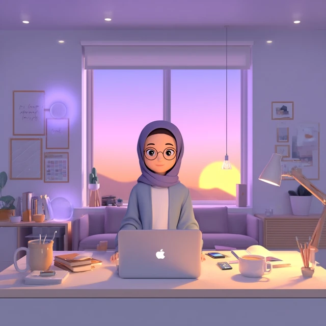 3D Pixar Woman Working at Desk with Sunset View