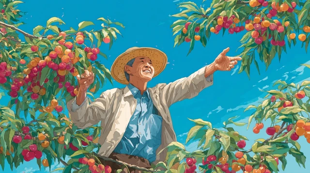 Cheerful Asian Man in Orchard Vector Illustration