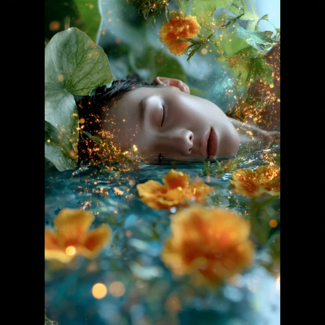 Dreamy Scene: Person in Water with Lilies