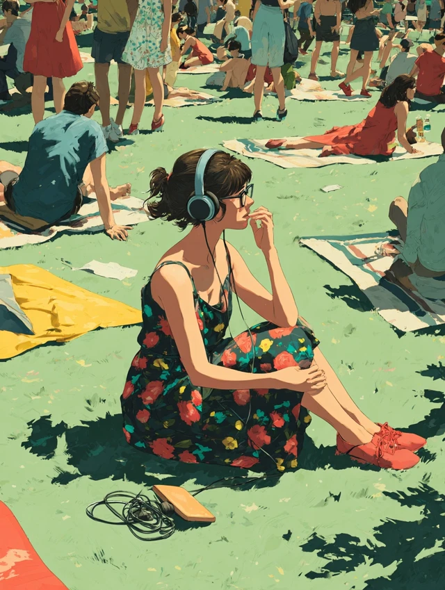 Girl Listening to Music in Park Illustration