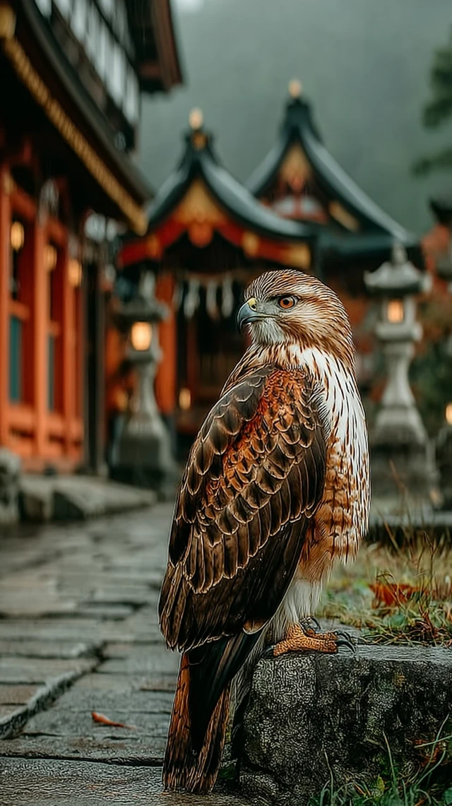 Majestic Hawk in Japanese Shrine Wildlife Photography