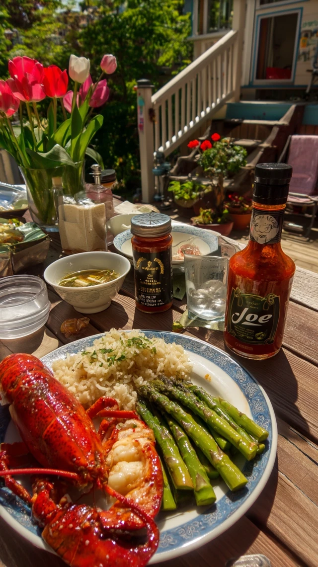 Lobster Asparagus and Joe Hot Sauce Sunny Quebec Day