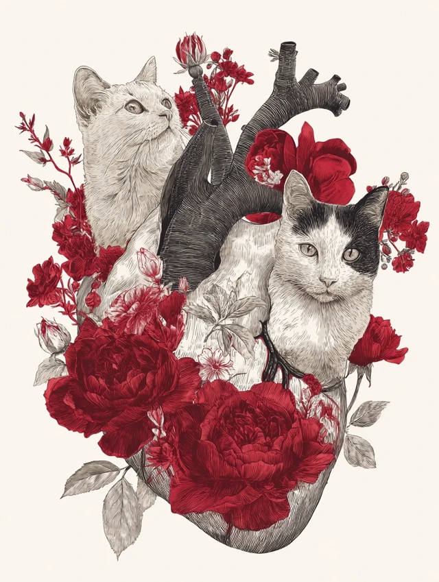 Cats in a Floral Heart Anatomy Art