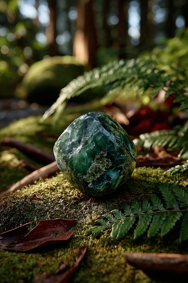 Moss Agate Gemstone in Forest Sunlight