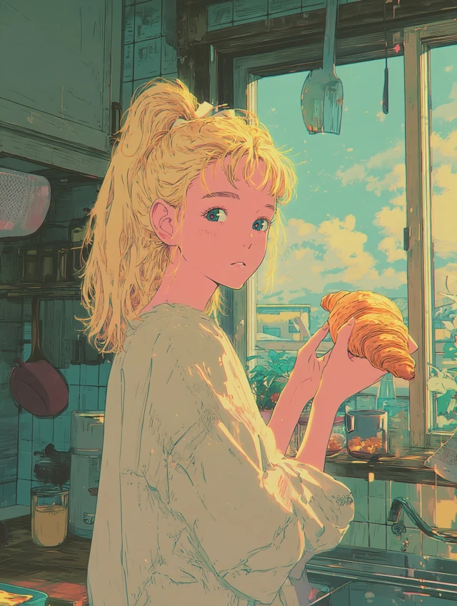 Anime Elf Girl with Croissant in Sunny Kitchen