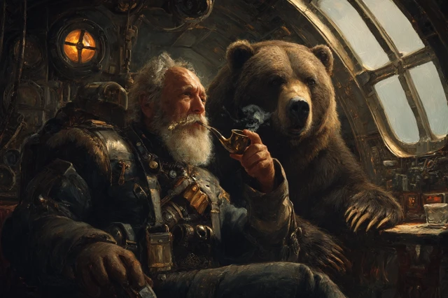 Steampunk Mech Pilot and Bear Copilot Oil Painting