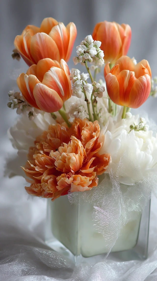 Floral Arrangement: Orange Tulips and White Mimosa