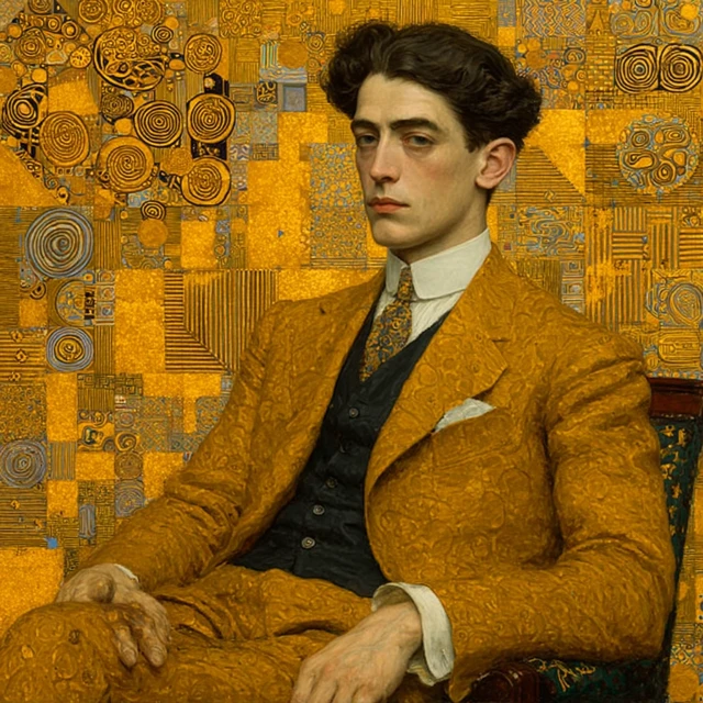 Handsome Man Portrait in Oil Painting Gold Background