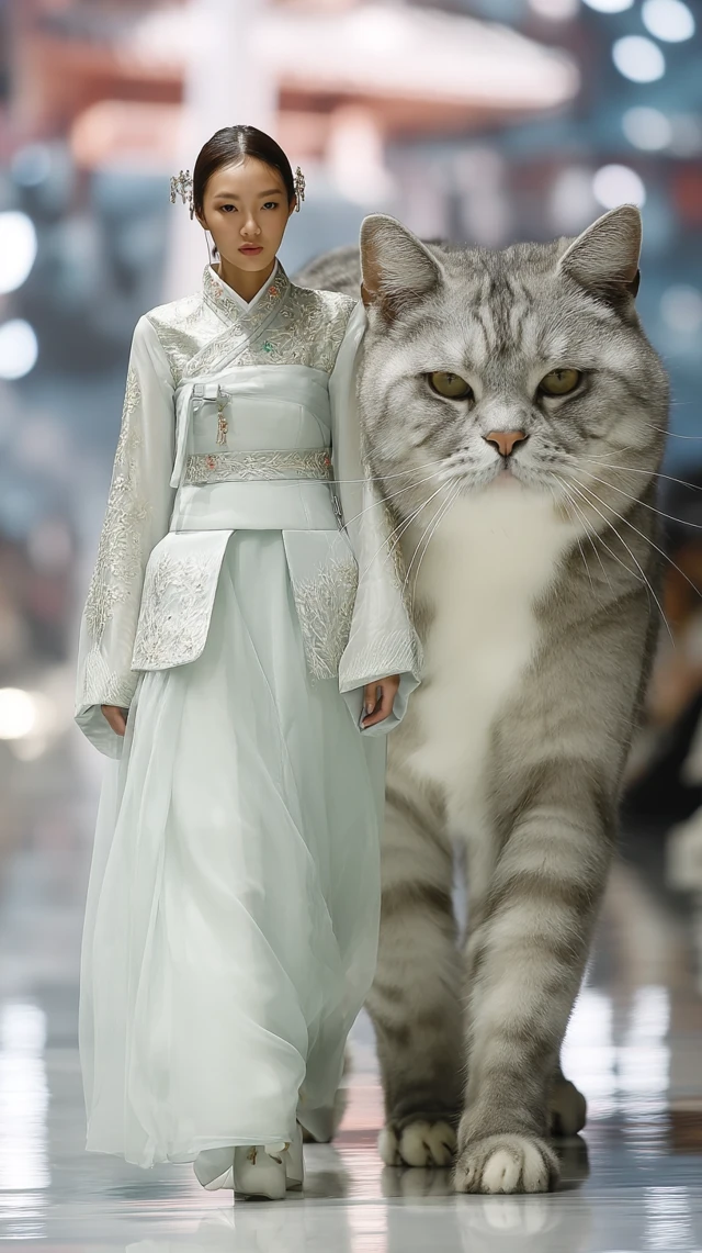 Korean Model in Modern Hanbok and a Cat