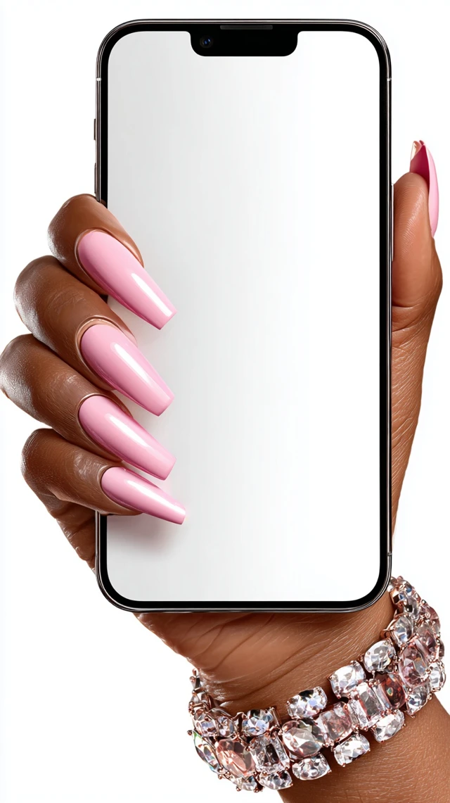 iPhone 15 Pro Max Mockup Black Hand with Pink Nails