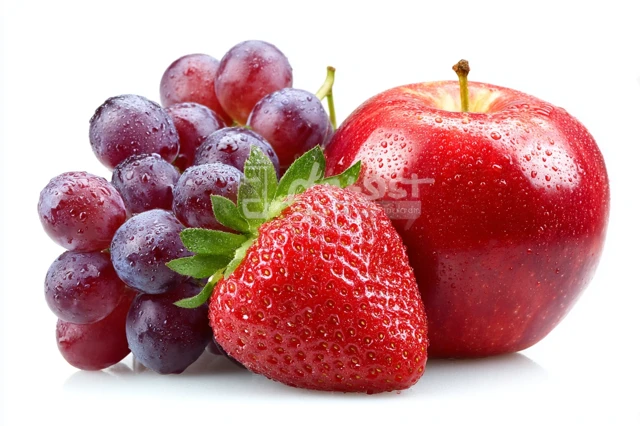Fresh Strawberry Grapes and Red Apple on White