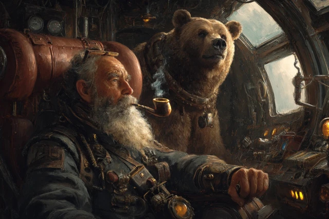 Steampunk Mech Pilot and Bear Copilot Oil Painting
