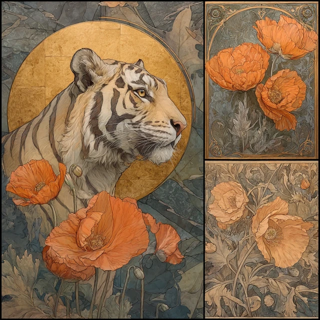 Art Nouveau Tiger and Poppy Watercolor Painting