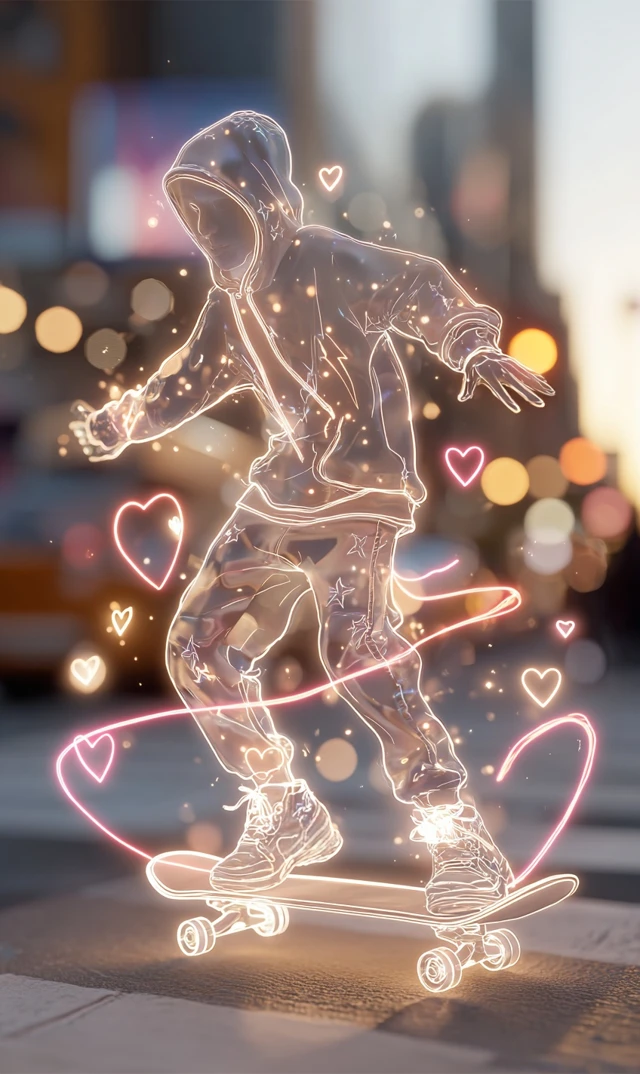 Neon Skateboard Boy City Street Art Golden Hour