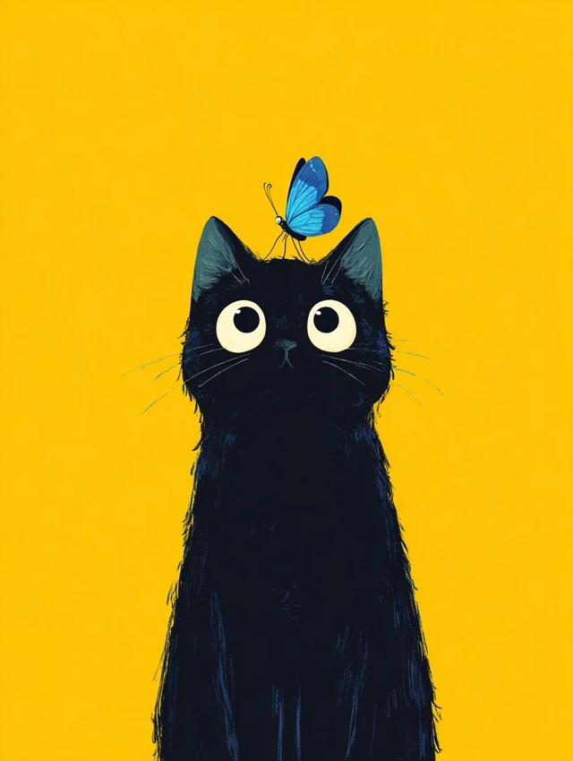 Cute Black Cat with Butterfly Illustration