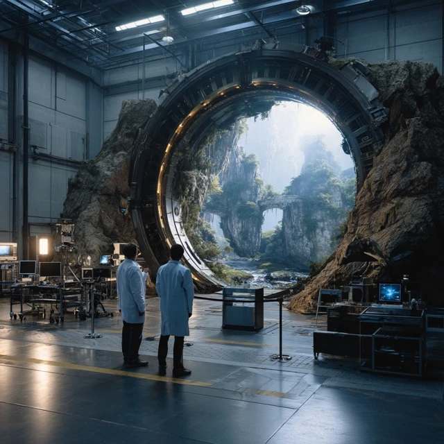 Sci-Fi Portal: Scientist and Child Explore New World
