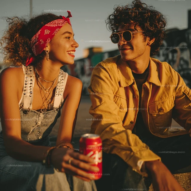 Young Couple Smiling Outdoors Sunset Friendship