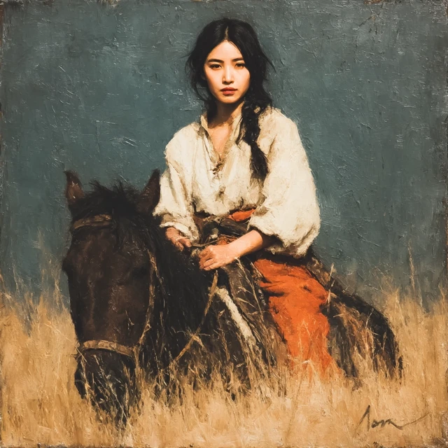 Mongolian Girl Riding Horse Oil Painting