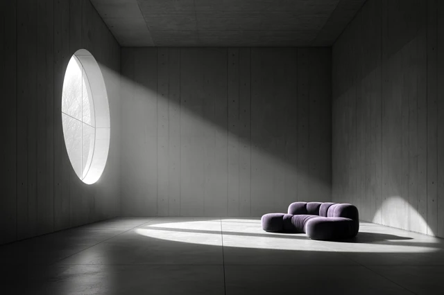 Minimalist Interior Purple Sofa Concrete Room