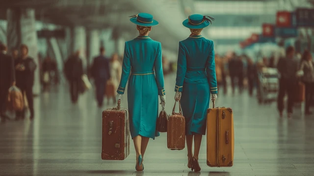 Flight Attendants Walking Through Airport Terminal