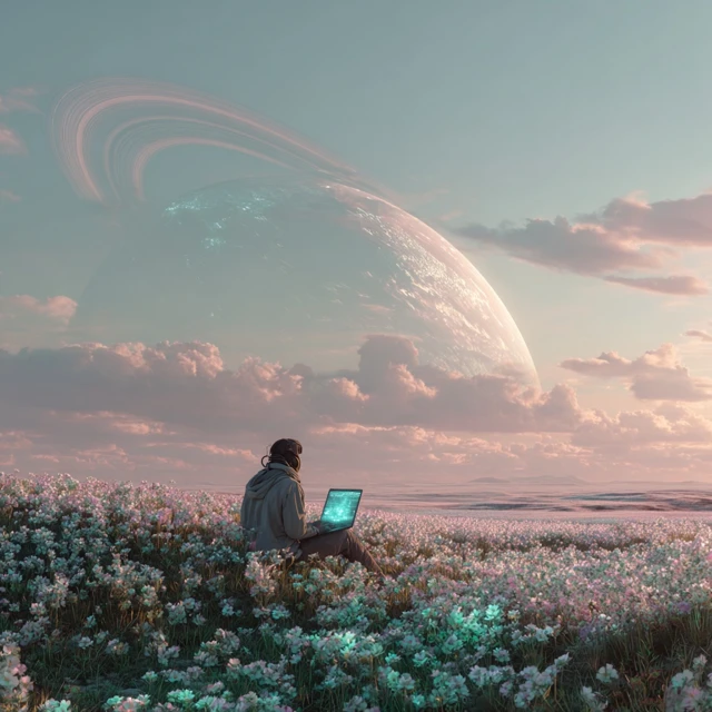 Futuristic Coder in a Dreamy Meadow SciFi Art