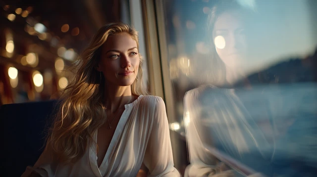 Elegant Woman on Ferry Watching Sunset