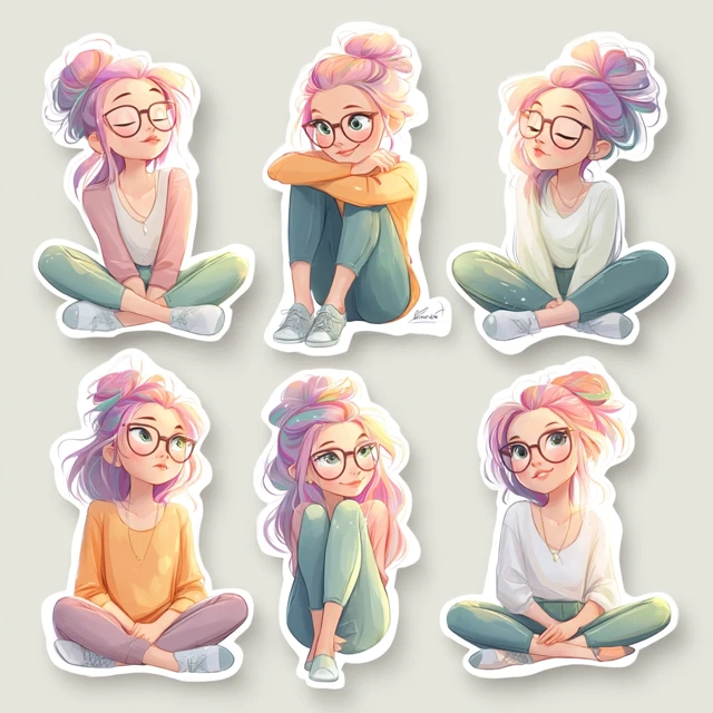 Cute Girl Stickers Colorful Hair and Glasses