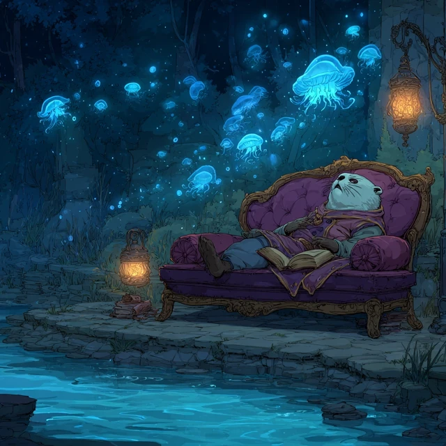 Anime Otter Mage Relaxing in a Dreamlike Scene