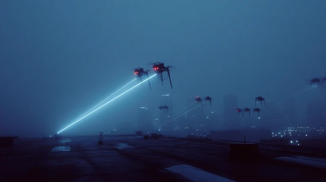 Drones Over Cityscape: Cyberpunk Scene