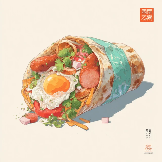 Anime Food Illustration Egg Sausage and Cheese Burrito