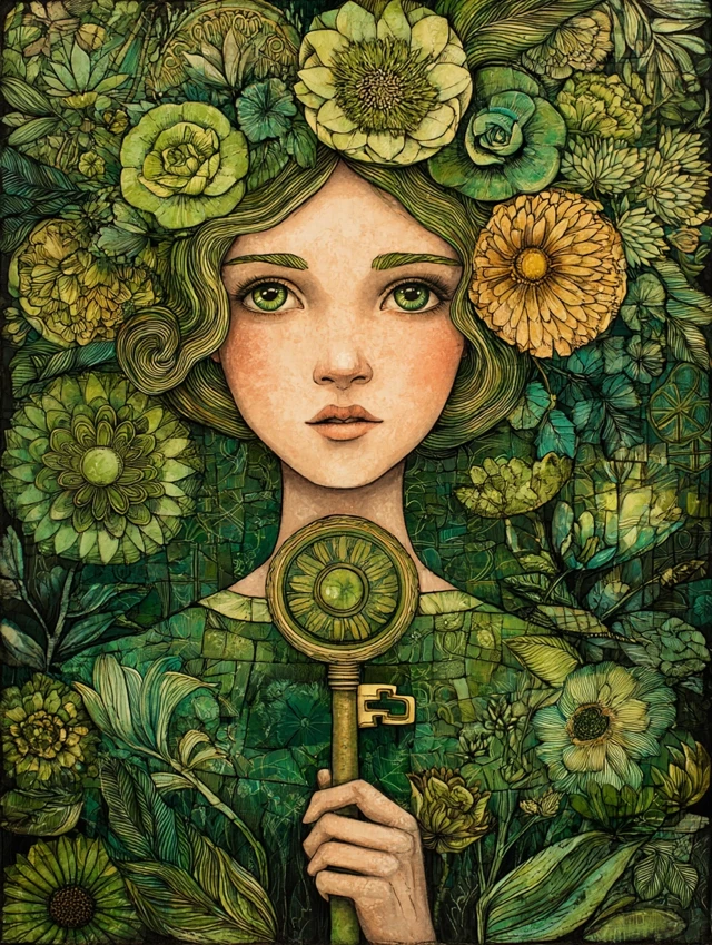Woman with Key in Moss Green Amanda Sage Style