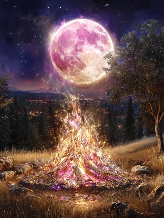 Pink Moon Bonfire Night Sky Surreal Art