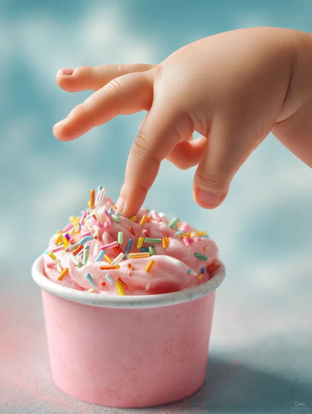 Childs Hand Dipping Finger into Ice Cream Close Up