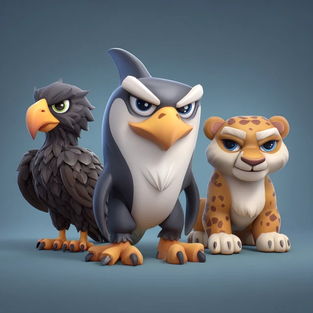 3D Cartoon Animals: Eagle, Panther, Shark