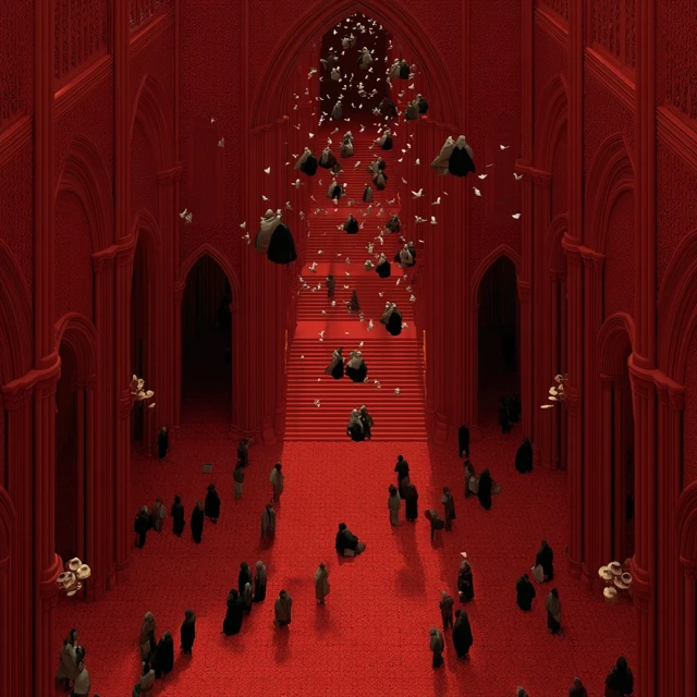 Red Lit Church Interior People Flying