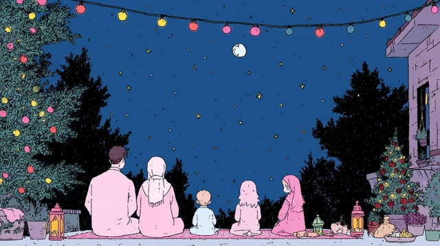 Muslim Family Eid Illustration Lanterns and Fairy Lights