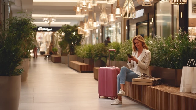 Woman in Shopping Mall Using Phone Lifestyle Editorial