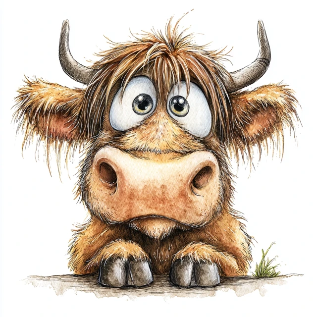 Cartoon Highland Cow Watercolor Illustration