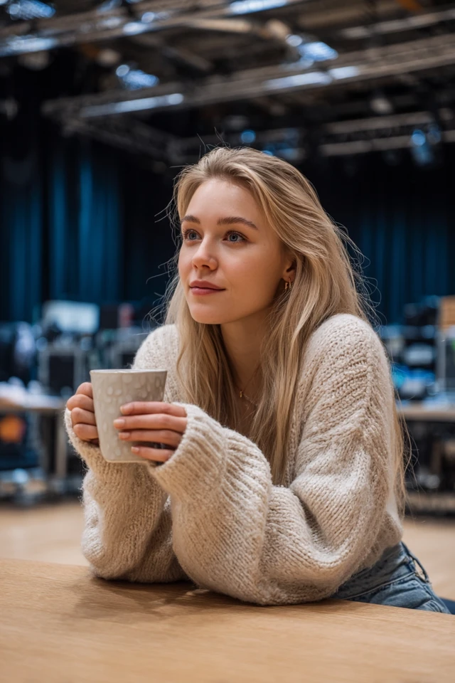 Young Woman with Coffee Thoughtful in Studio